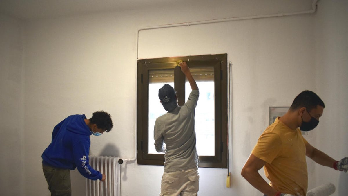 Tres de los jóvenes durante los trabajos de rehabilitación en una de las viviendas.