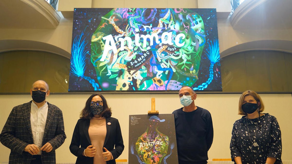 XXVI Animac - El regidor de Cultura, Jaume Rutllant, la directora d’Animac, Carolina López, l’alcalde de Lleida, Miquel Pueyo, i la directora del CaixaForum Lleida, Maribel Tost, en la presentació d’Animac ahir a la sala Alfred Perenya.