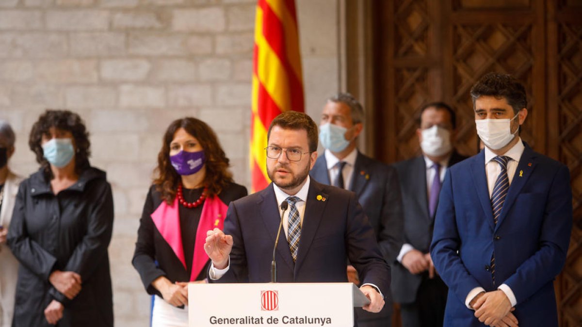 Pere Aragonès, durante la comparecencia que hizo el martes junto a los miembros del Govern.