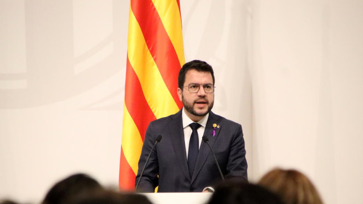 El presidente de la Generalitat, Pere Aragonès, durante el acto institucional en el Palau de la Generalitat.