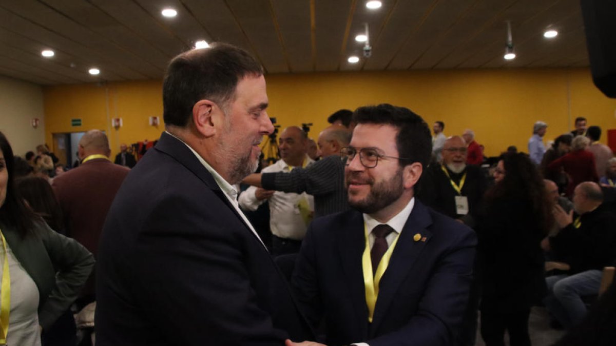 Oriol Junqueras i Pere Aragonès, ahir durant el congrés nacional d’ERC.