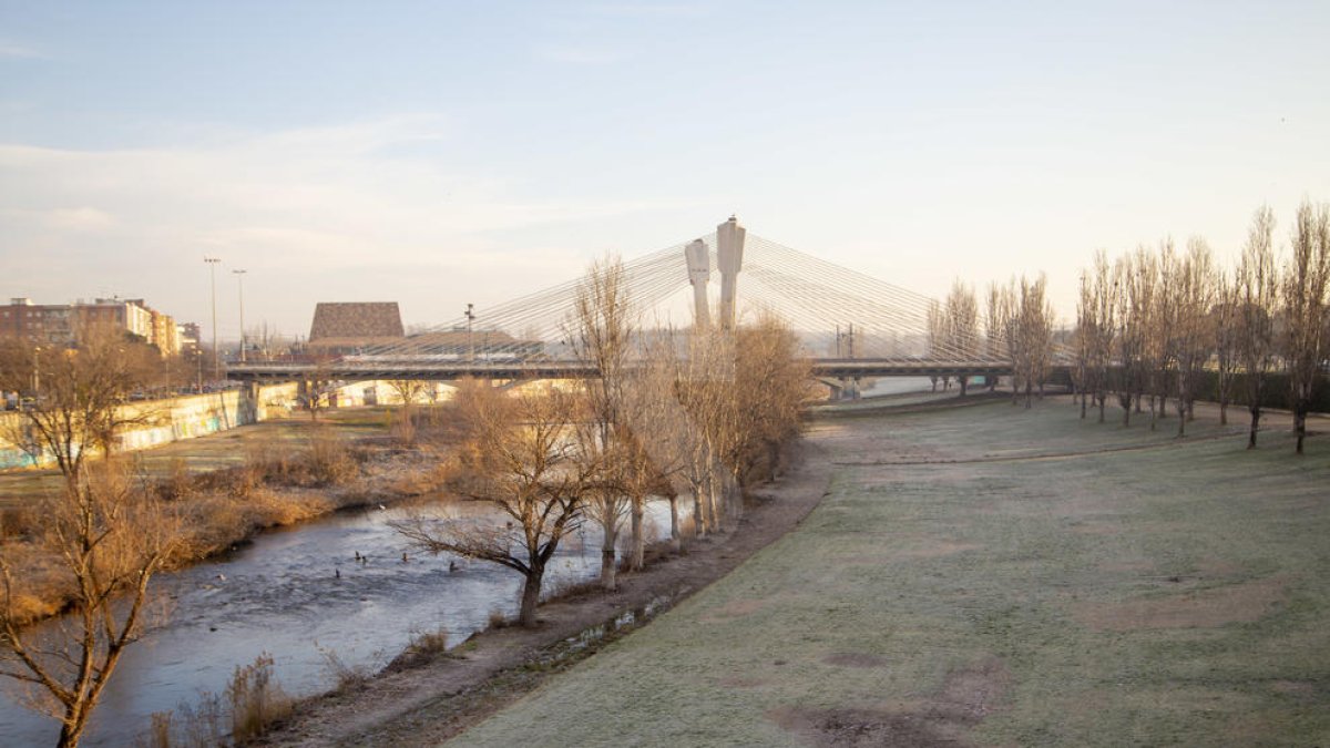 La canalización del río en Lleida, con escarcha a primera hora.