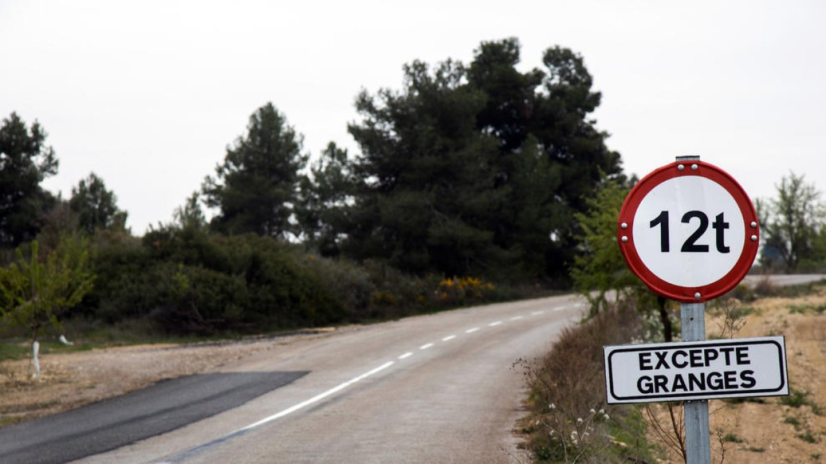 Senyal que prohibeix vehicles a partir de 12 tones a la via apedaçada entre Vinaixa i els Omellons.