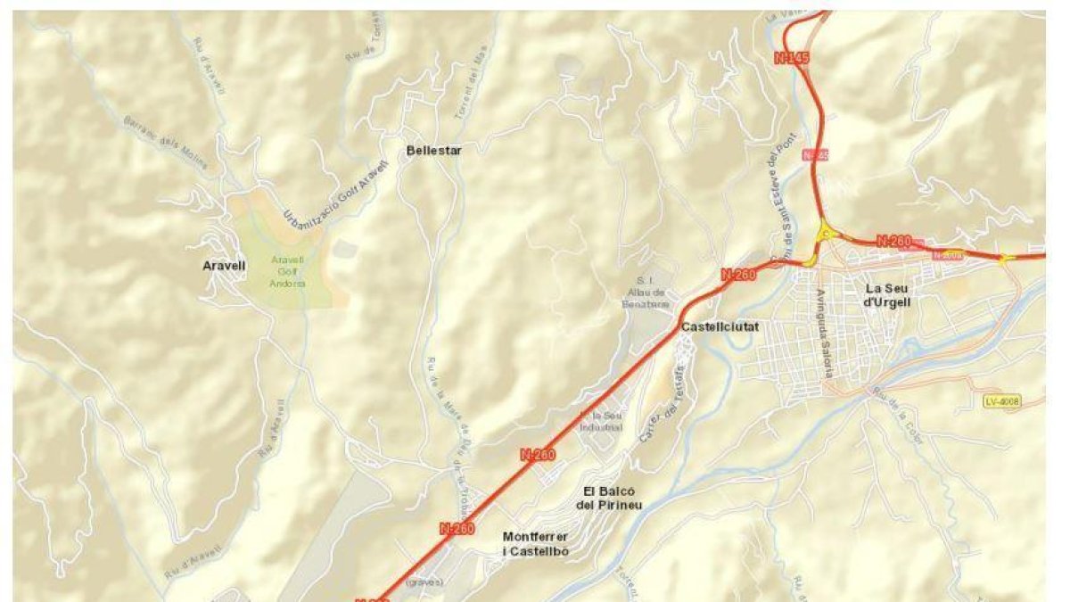 El tram de la carretera N-260 entre La Seu d'Urgell i Adrall sobre el qual es farà un estudi informatiu de millora de la via.