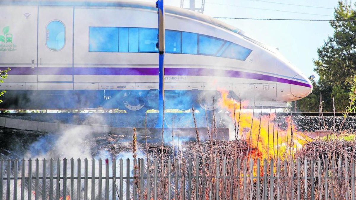 Un incendi a prop de les vies del tren, ahir al Camí de Granyena de Lleida.