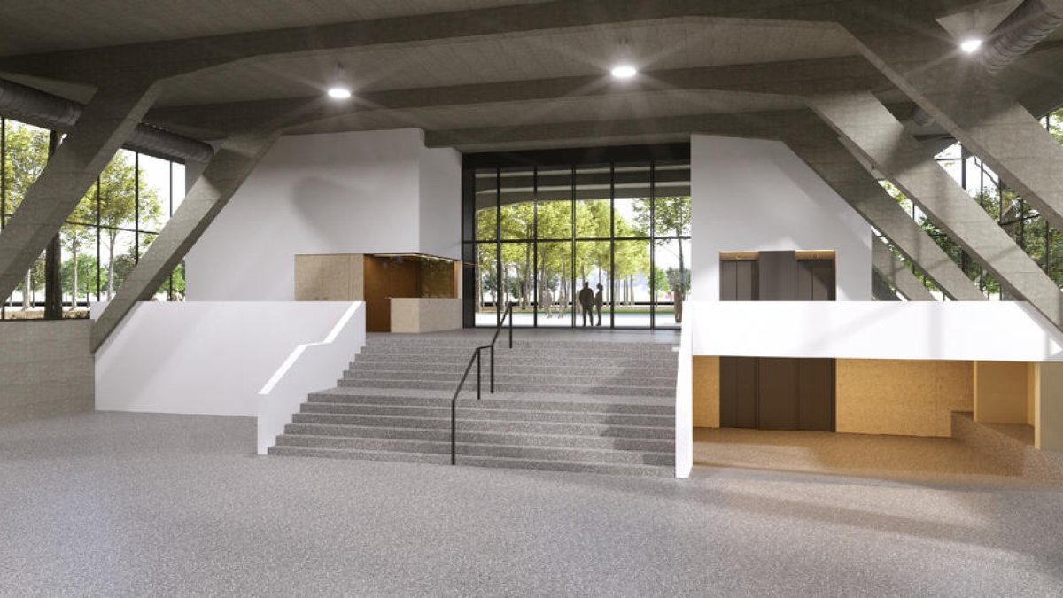 Recreació virtual del que serà el vestíbul principal del nou Palau de Vidre.
