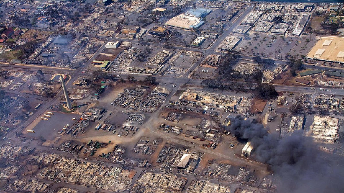 Una fotografia aèria mostra edificis destruïts i arbres cremats a causa dels incendis forestals.