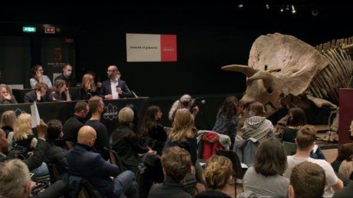 La subasta de un fósil de Triceratops, abarrotada de público, en París.