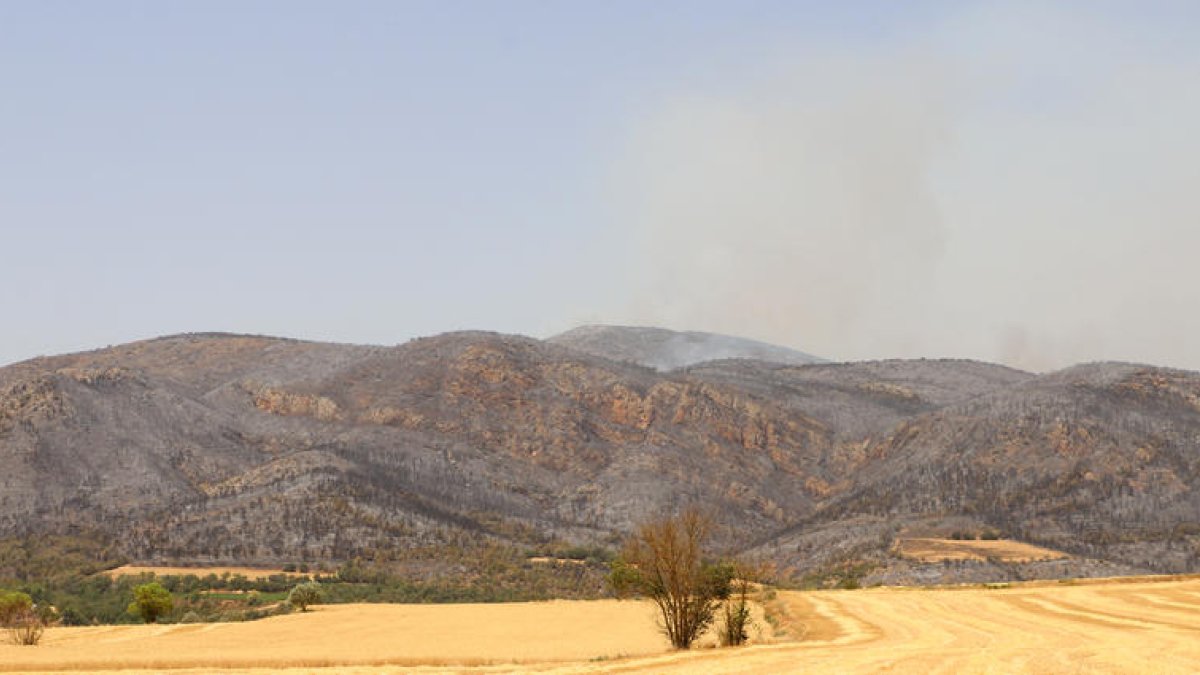 Vista de Baldomar, nucli d’Artesa de Segre, amb el paisatge calcinat al fons.