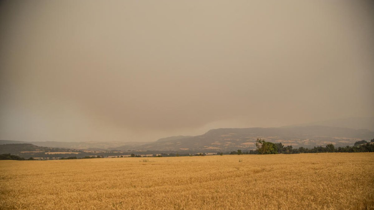 El humo del incendio de Baldomar, visible ayer desde Tremp.