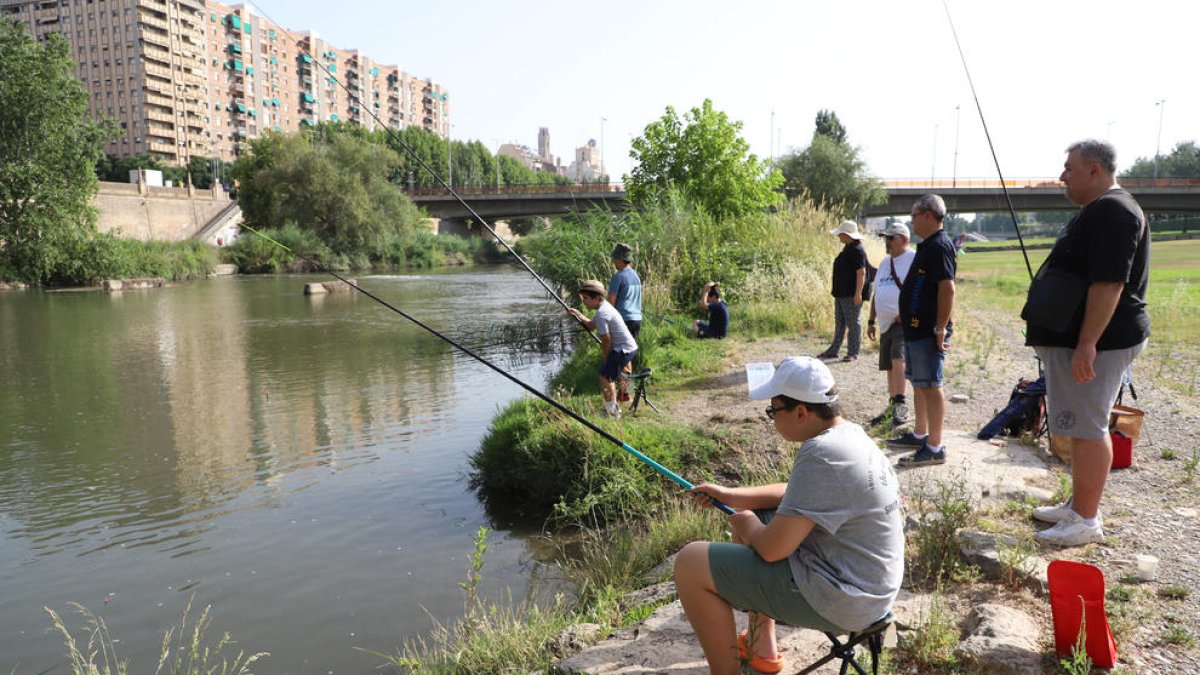 Los jóvenes participantes pudieron practicar la pesca en la margen izquierda de la canalización del río Segre.