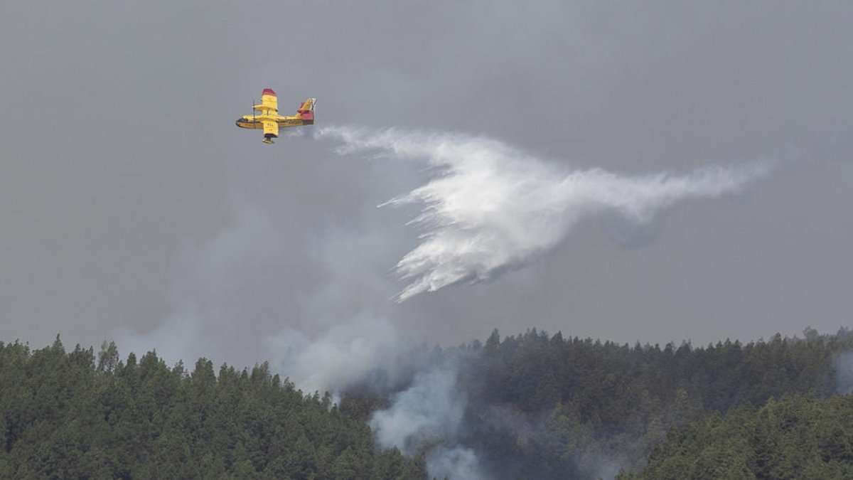 Un hidroavión del Ejército del Aire ayer en las labores de extinción en la zona de Güímar.