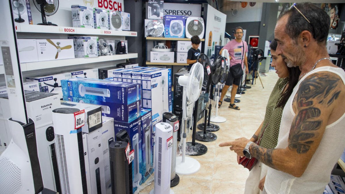Una pareja mira algunos de los ventiladores expuestos en una tienda de electrodomésticos de Lleida.