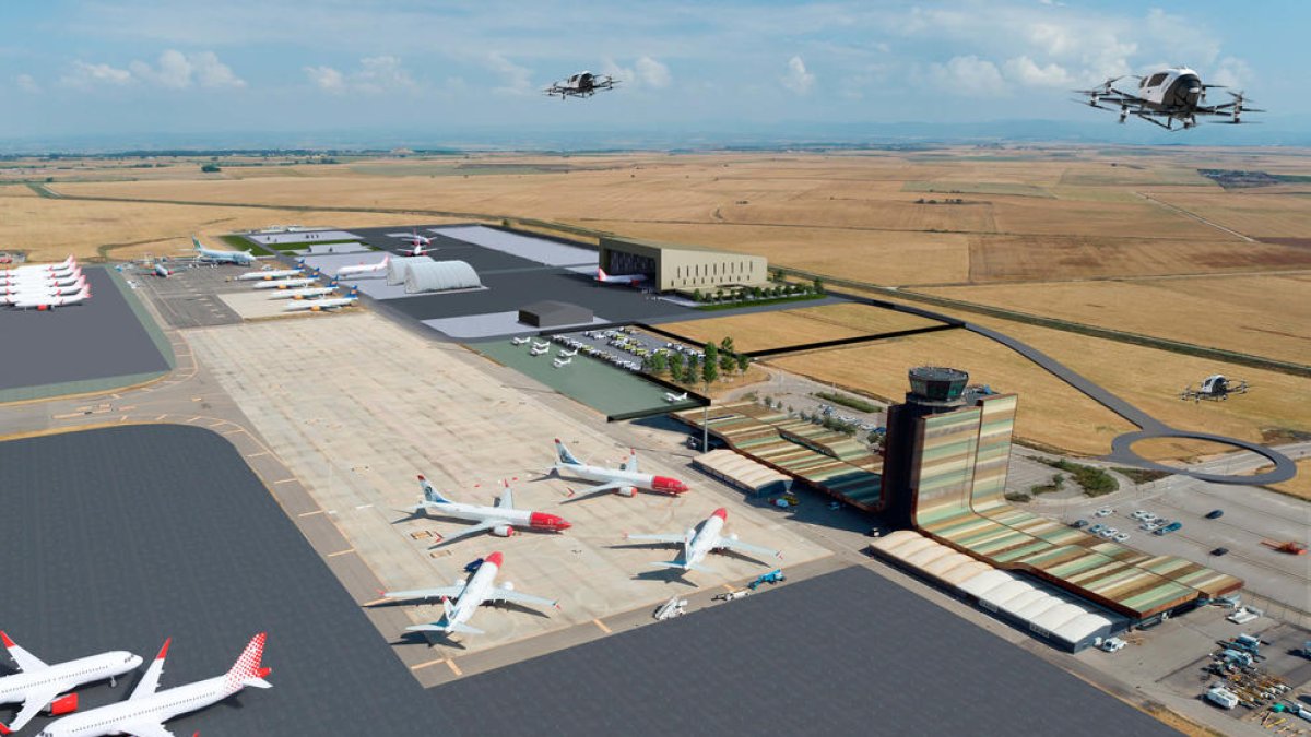 Imatge virtual de les instal·lacions de l'Aeroport de Lleida-Alguaire mentre el sobrevolen diversos drons.