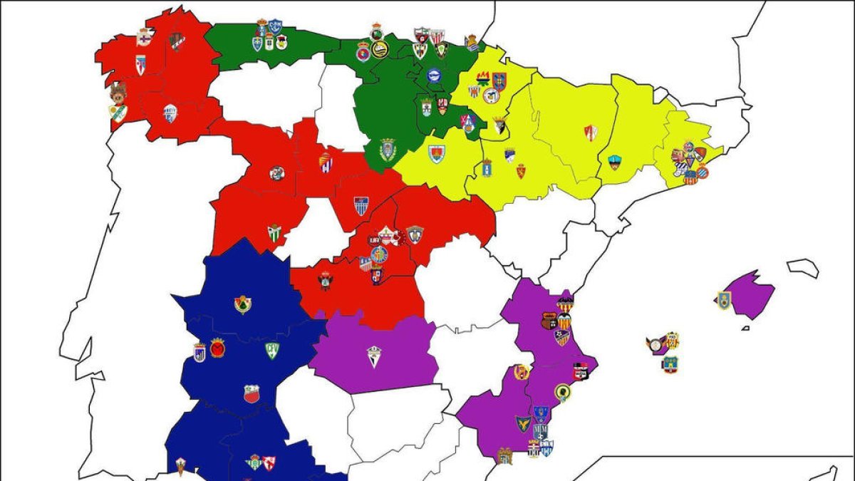 Mapa de la probable distribució dels cinc grups de la Segona RFEF 2023-24.
