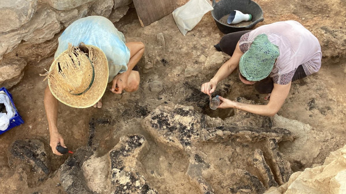 Restos quemados de un envigado interior en una de las torres defensivas de Gebut, en Soses.