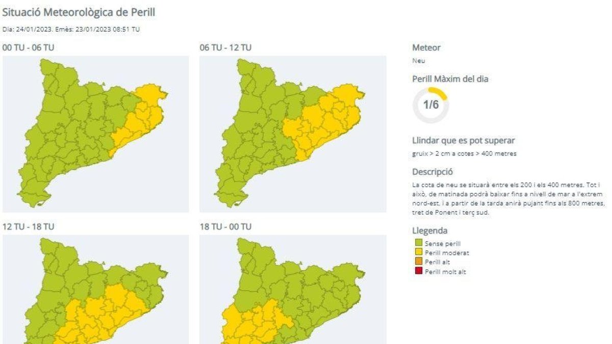 Mapa de perill per neu per a aquest dimarts 24 de gener