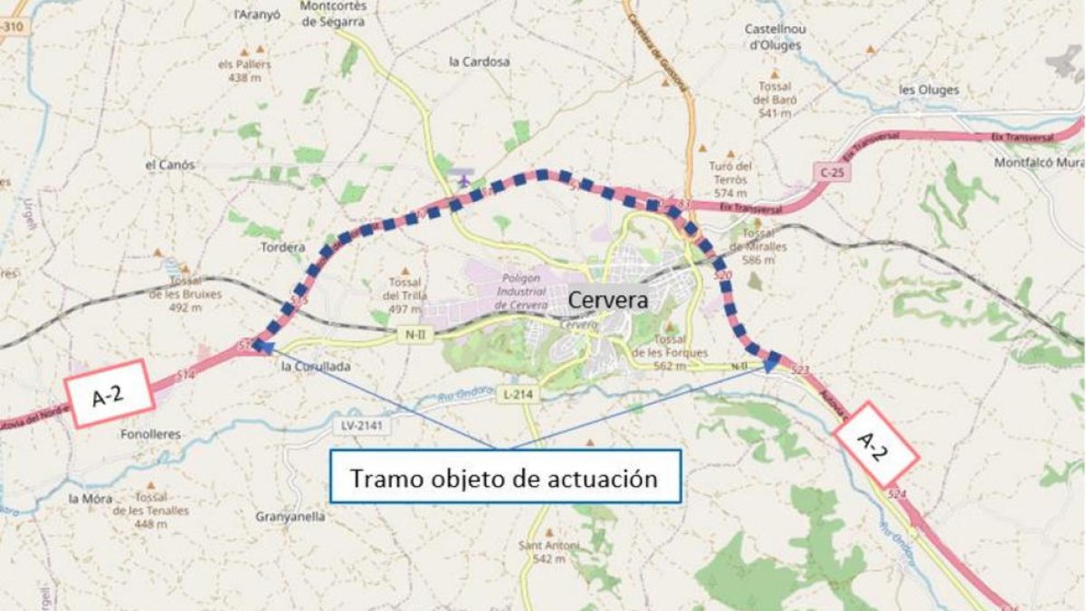 Plànol amb el tram de l'autovia A-2 de la circumval·lació de Cervera on el Ministeri de Transports millorarà el ferm.