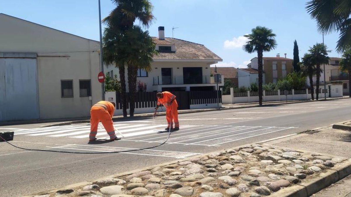 Treballs per renovar la senyalització horitzontal al Palau d'Anglesola