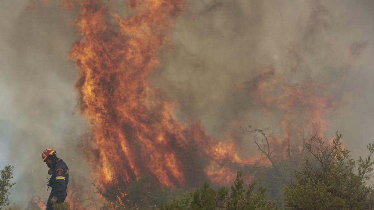 Els bombers intenten contenir un incendi forestal a Dervenochoria, a 50 quilòmetres d’Atenes.