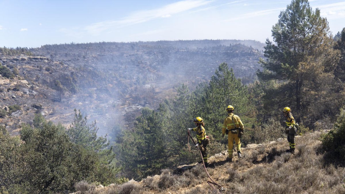 Bombers treballant ahir en el perímetre de l’incendi.