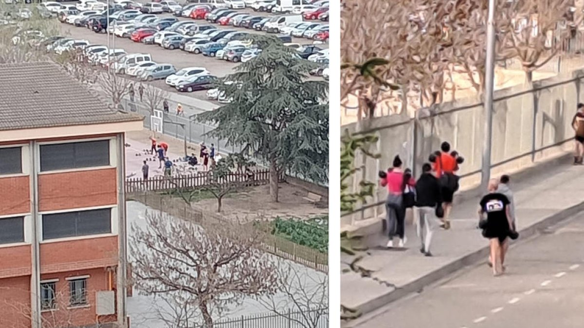 Fotografías de usuarios del gimnasio entrando y haciendo ejercicio en el patio del Frederic Godàs.