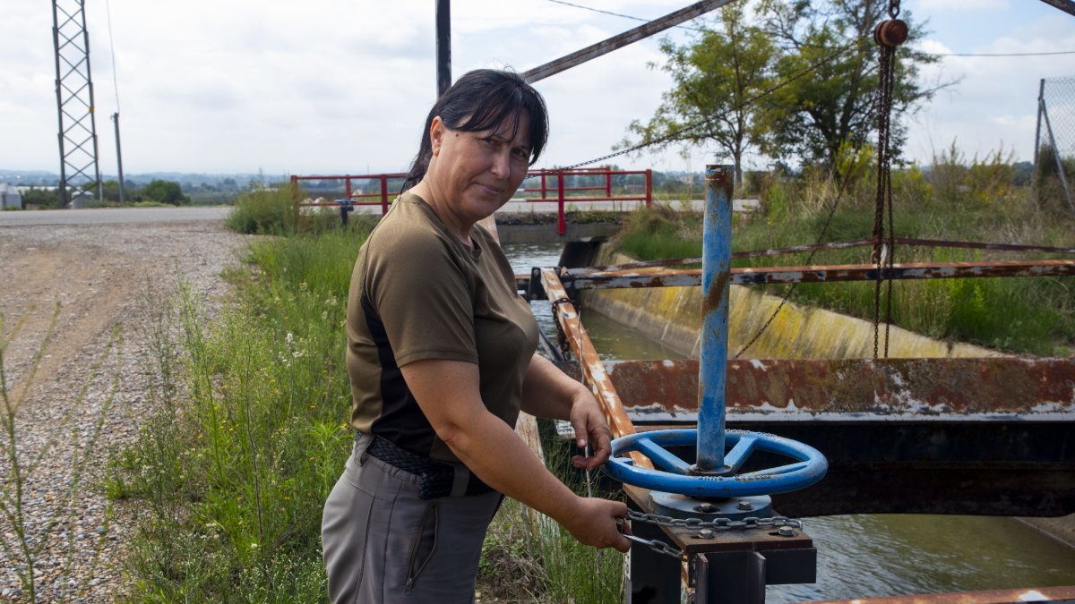 Una de las vigilantes del Canal de Pinyana instalando candados en las palas de la acequia del Cap ayer por la mañana. - GERARD HOYAS
