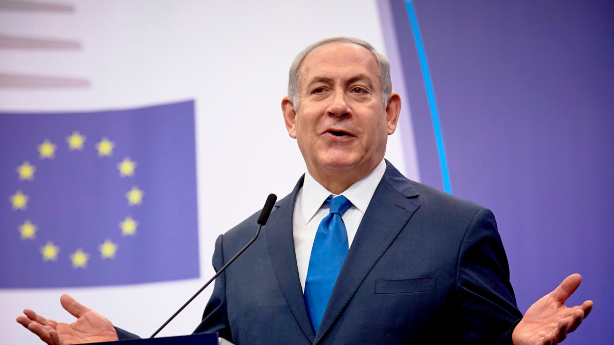 El primer ministro israelí, Benjamin Netanyahu, durante una rueda de prensa desde Bruselas.