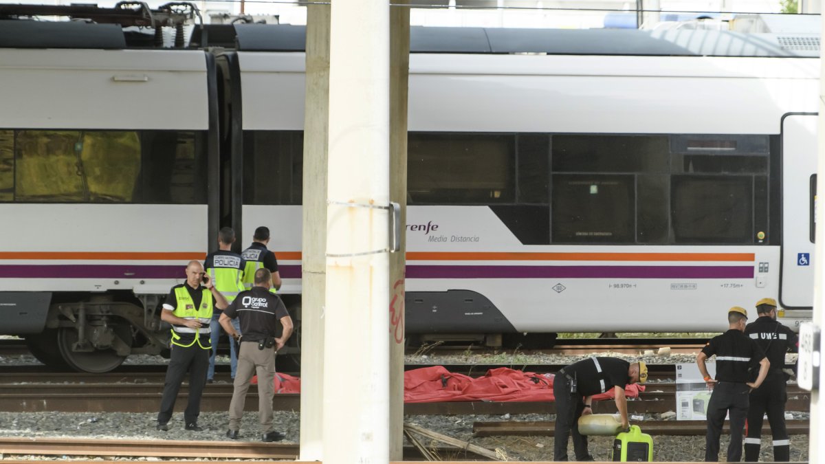 Agentes del Cuerpo Nacional de Policía, de la UME y de seguridad de Renfe junto al cuerpo que ha sido hallado este lunes entre dos vagones de un tren en la estación de Santa Justa de Sevilla,