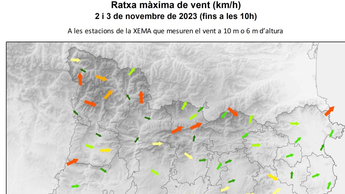 Mapa de ratxes màximes de vent.