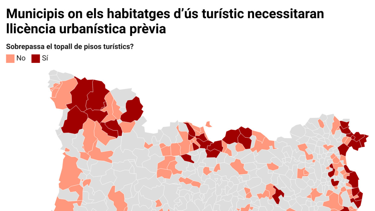 Mapa dels municipis afectats pel decret sobre els pisos turístics, amb la distinció dels que sobrepassen actualment el topall marcat