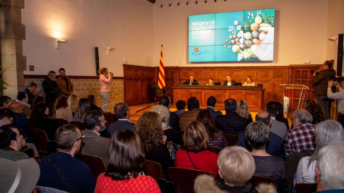 El Aula Magna del IEI, llena de público durante la presentación del calendario de Aremi. - JORDI ECHEVARRIA