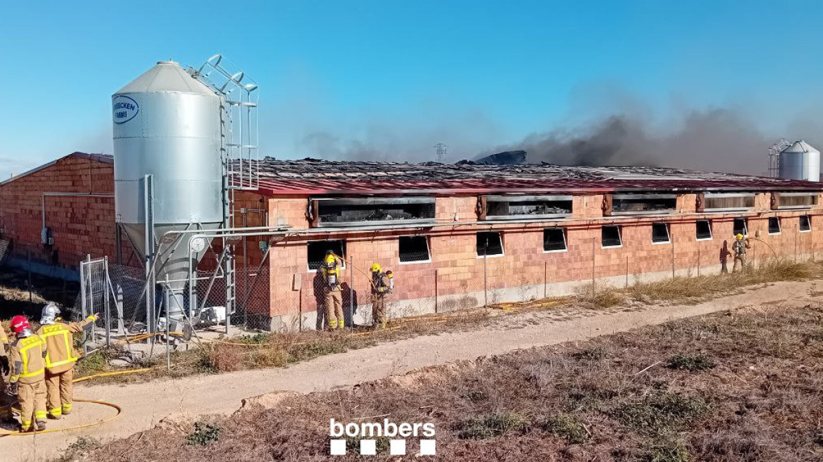 Los Bombers trabajando en el incendio que se ha detectado en la granja de Sant Martí de Maldà.