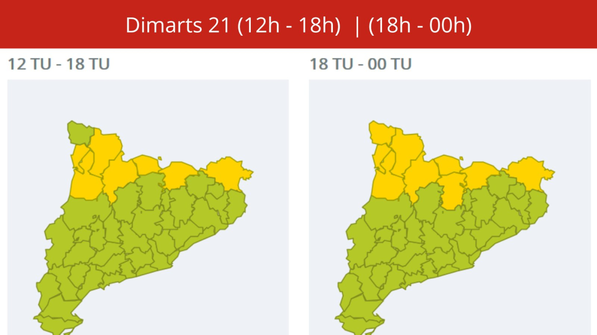 En amarillo, las comarcas afectadas por la alerta VentCat