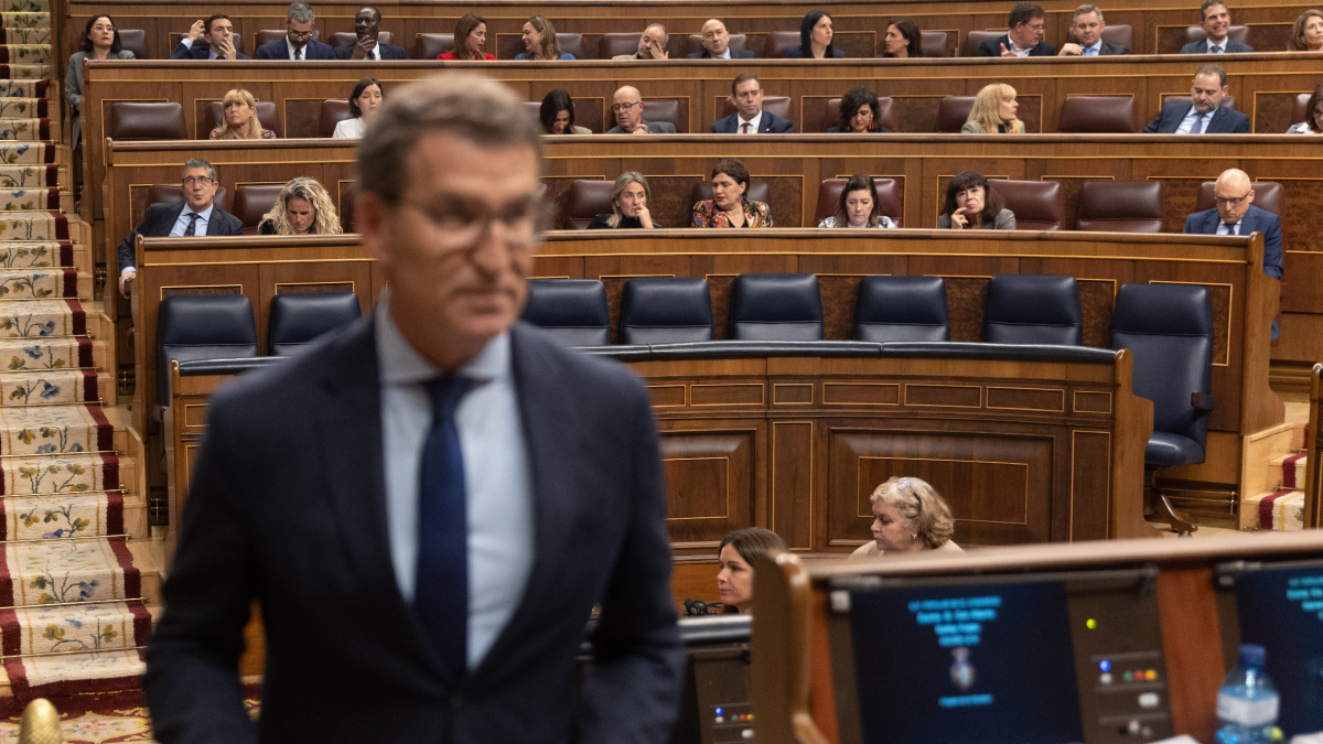 Núñez Feijóo, després d’intervenir al ple, amb Patxi López i la lleidatana Montse Minguez a l’esquena. - EUROPA PRESS
