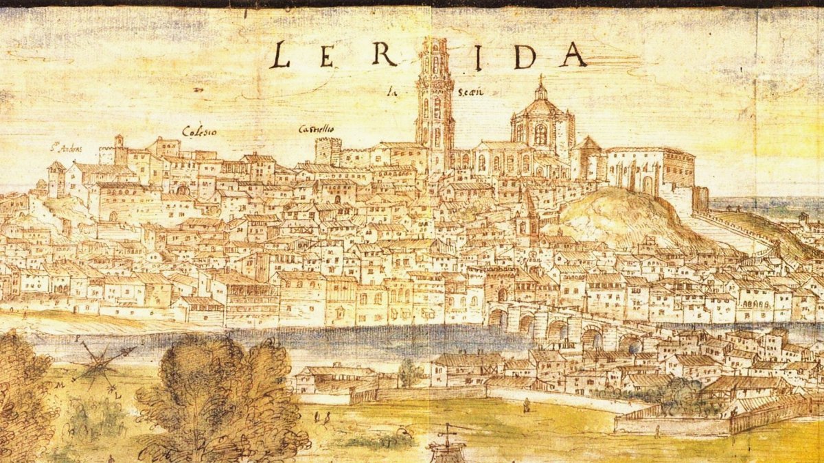 Ciutat de Lleida el 1563, dibuixada per Anton von den Wyngaerde per ordre del rei Felip II, amb la seua primera catedral dalt de la Roca Mitjana.