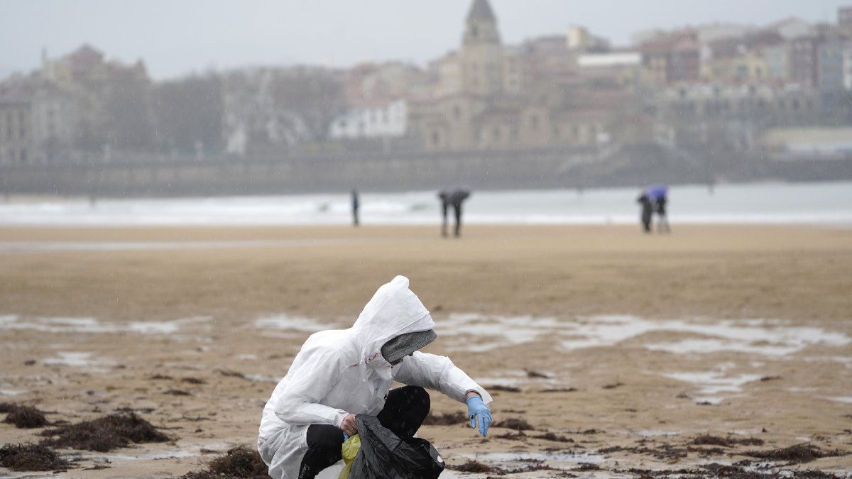 Un voluntario recogiendo pellets en una playa de Gijón, ayer al mediodía. - EFE