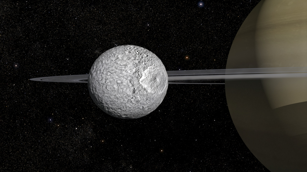 Representación artística de la Luna Mimas con Saturno al fondo.