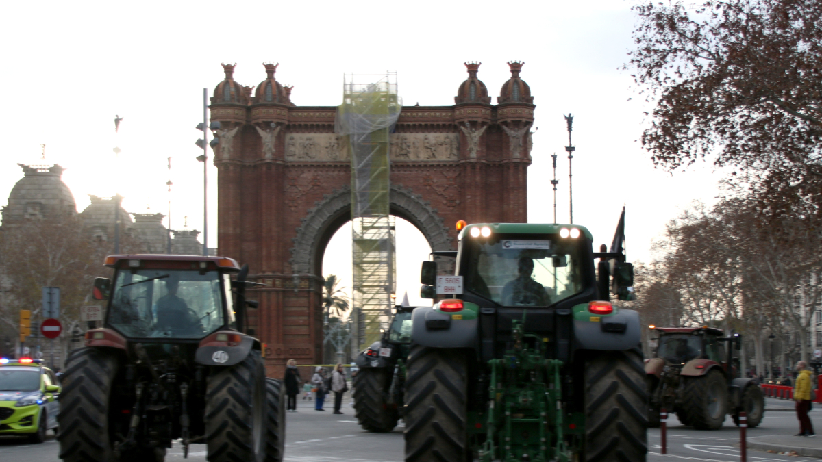 Els tractors ahir quan anaven al Parlament, on representants dels pagesos es van reunir amb la presidenta i els grups polítics. - ACN