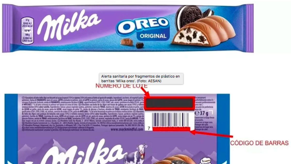 Alerta sanitària per fragments de plàstic en barretes 'Milka OREO'. (Foto: AESAN)