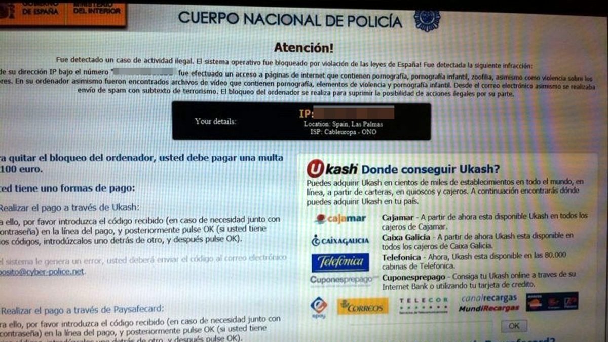 Foto cedida per la Policia de l’avís penjat al seu web per advertir de l’enviament de correus electrònics que utilitzen el cos policial com a esquer per sol·licitar el pagament d’una multa per accedir a pàgines il·legals.