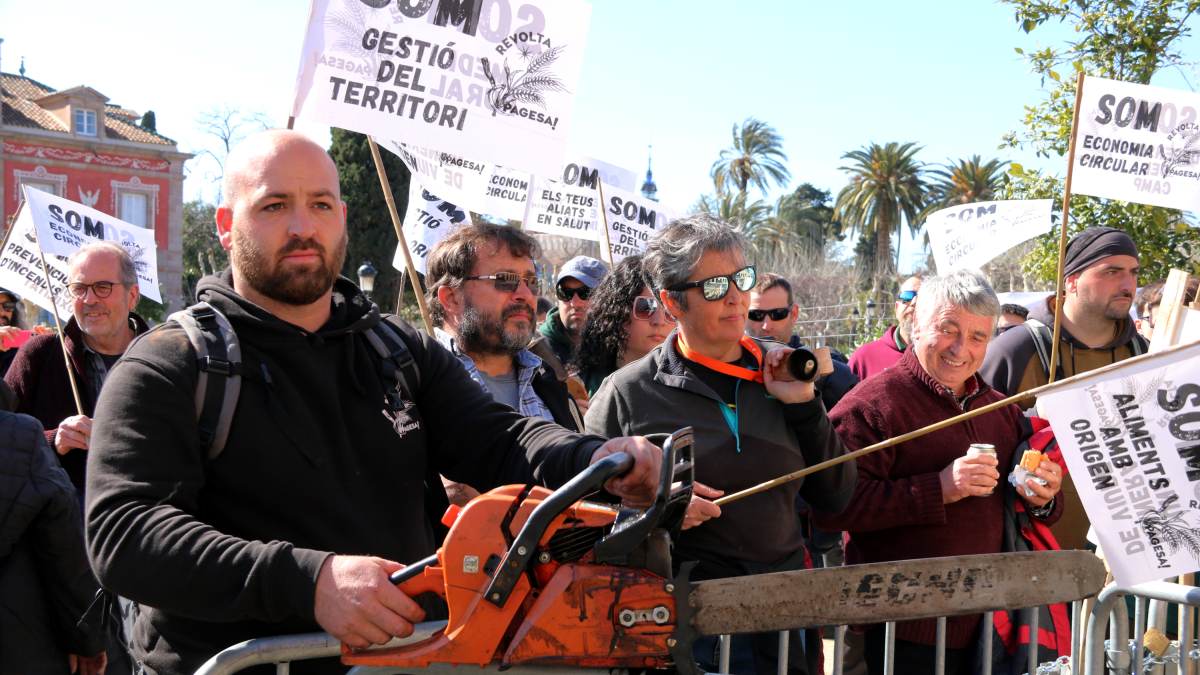 Una motoserra en la protesta pagesa a les portes del Parlament