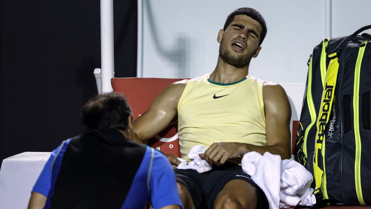 Carlos Alcaraz, del 21 de febrer de 2024, quan es va lesionar durant l’Obert de Rio de Janeiro.