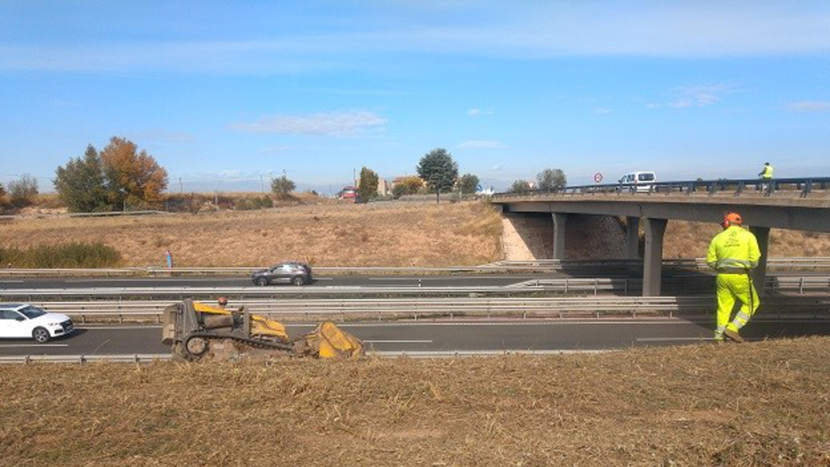 Operarios trabajando en una autovía de la demarcación de Lleida.