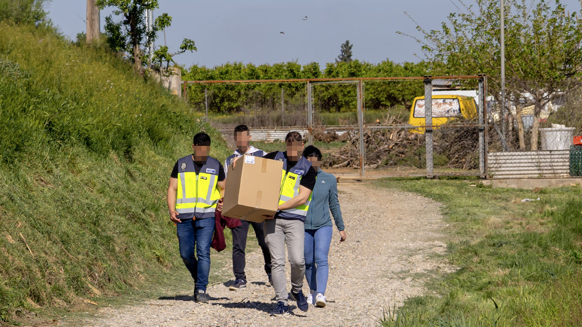 Agents de la Policia Nacional, ahir al matí en l’escorcoll a la finca d’Artesa de Lleida. - JORDI ECHEVARRIA
