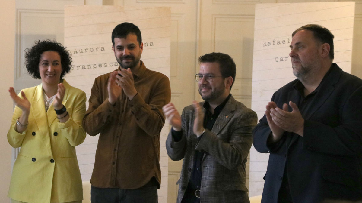 Rovira, Wagensberg, Aragonès y Junqueras, ayer en Ginebra. - BERNAT VILARÓ/ACN