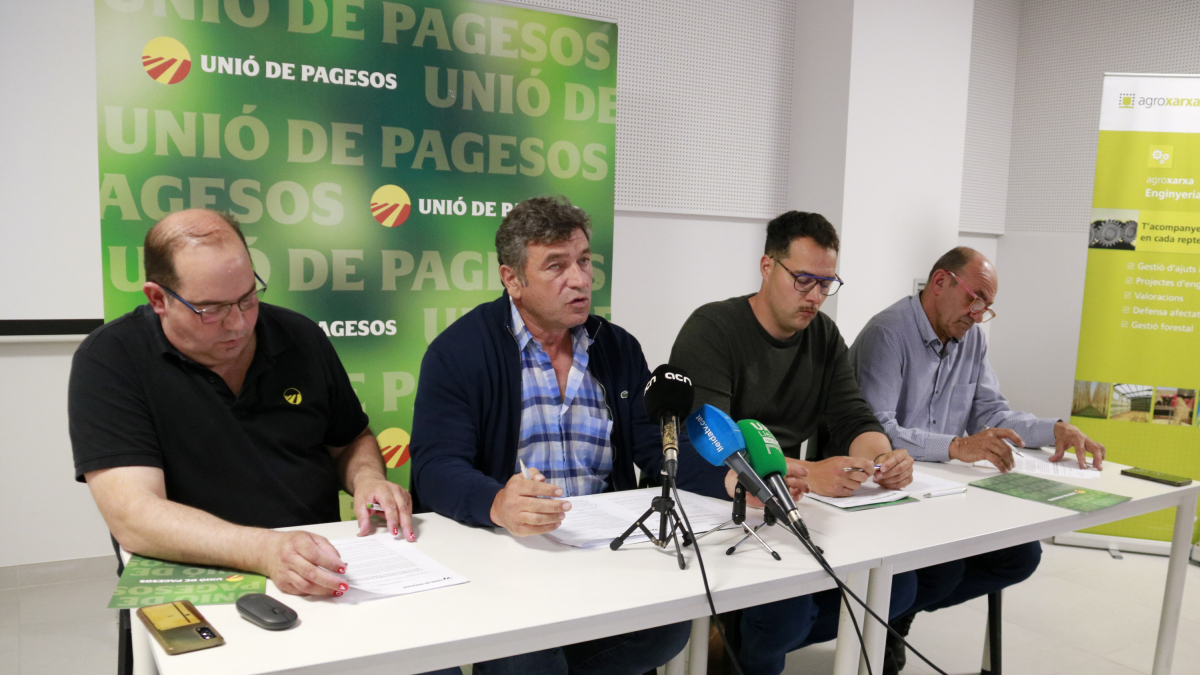 Els representants d'Unió de Pagesos Néstor Serra, Josep Carles Vicente, Jordi Jové i Antoni Borràs durant una roda de premsa a la seu del sindicat a Lleida