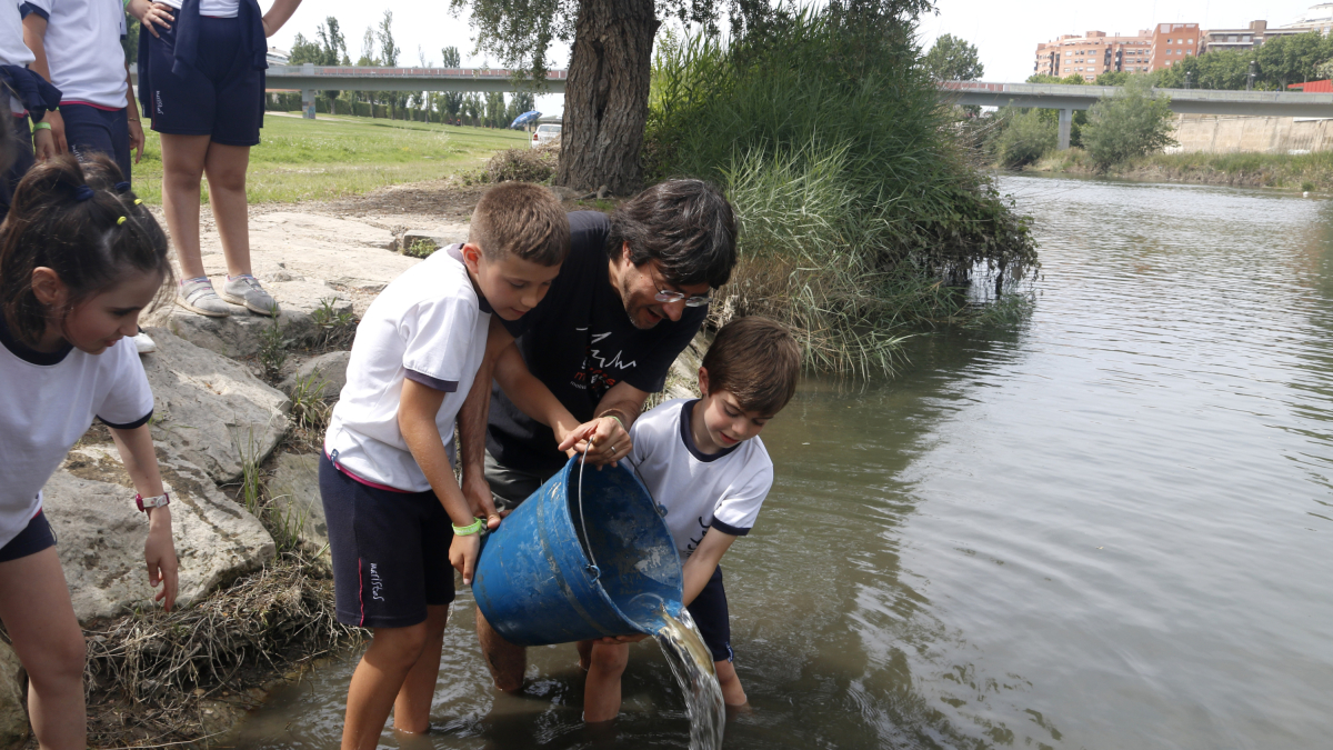 Escolars alliberant peixos recuperats de rius amb sequera al Segre a Lleida