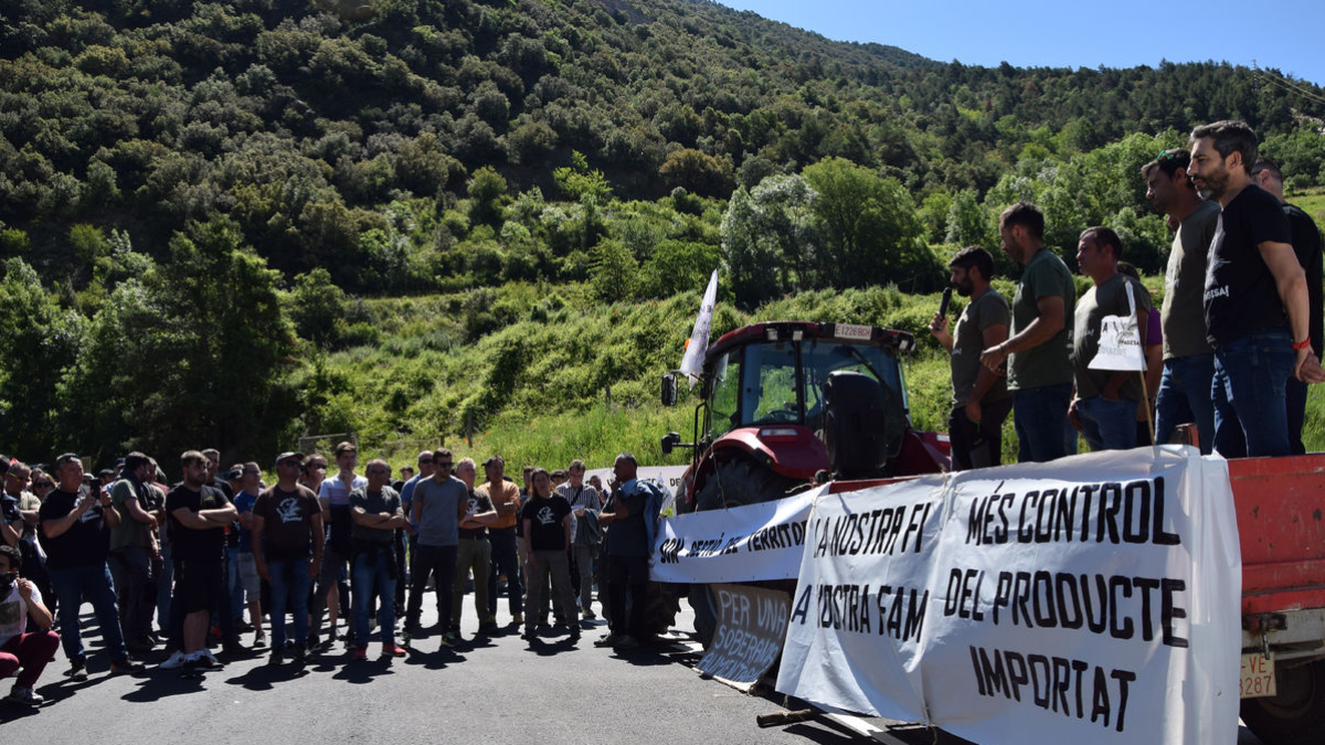 Algunos de los agricultores y ganaderos concentrados en el corte convocado en La Seu d’Urgell. - ACN