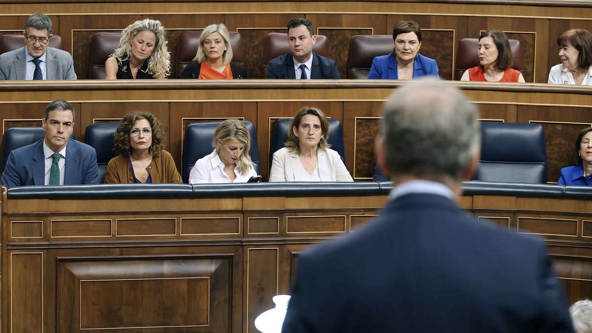 El líder del PP, Alberto Núñez Feijóo, se dirige a Pedro Sánchez en el Congreso ayer. - EFE